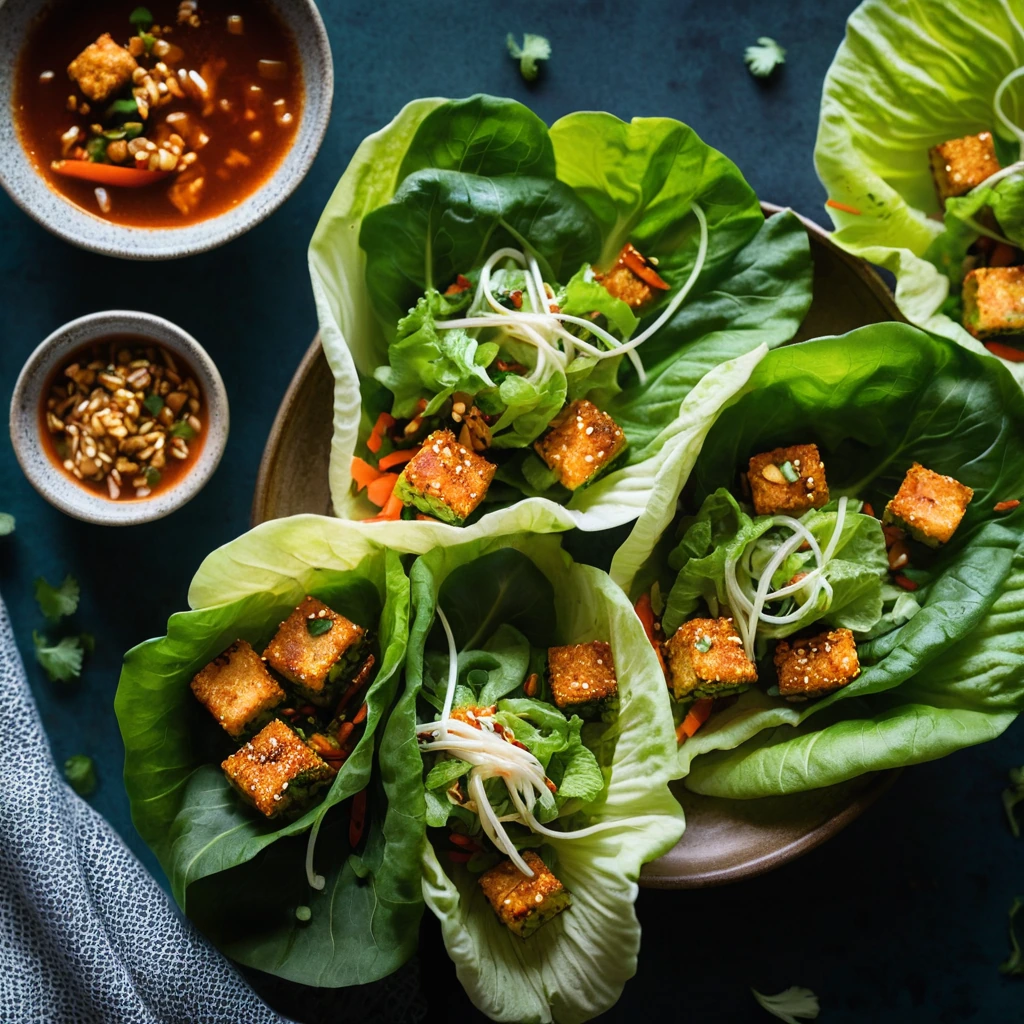 Golden crispy tofu nestled in vibrant green lettuce cups, drizzled with orange-red sweet chili sauce.