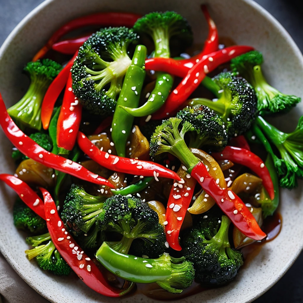 A glossy red sauce drizzled over green broccoli and bell peppers in a sizzling wok.