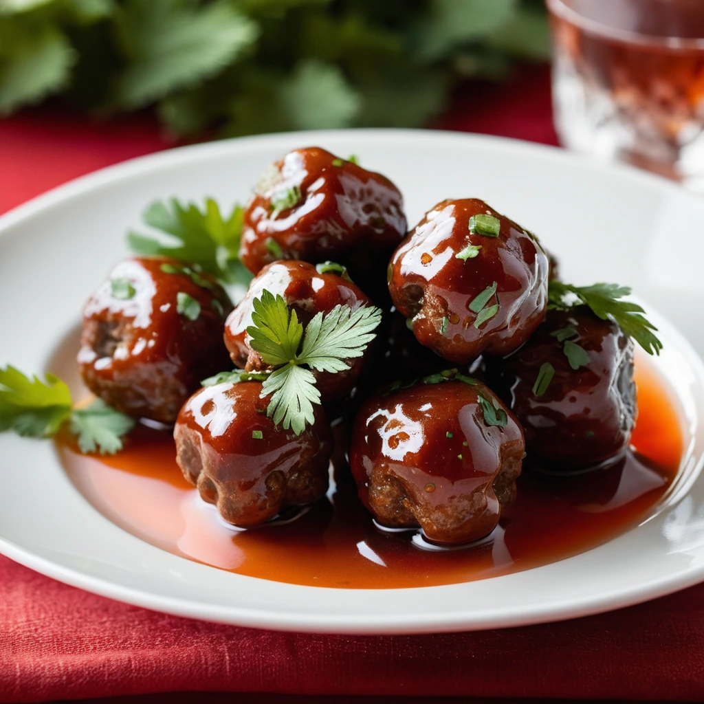golden-brown cocktail meatballs in a shiny red glaze on a platter with fresh cilantro