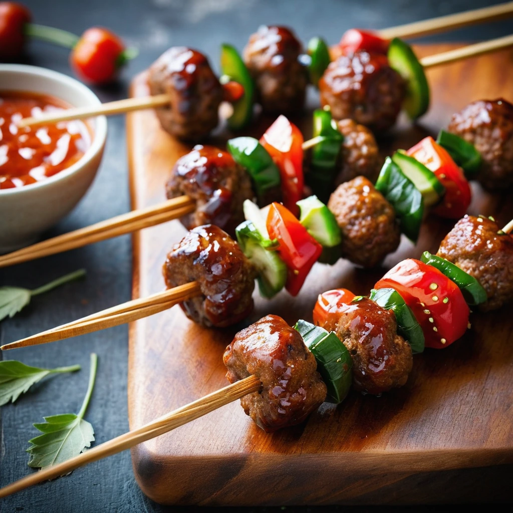 Colorful skewers with golden-brown meatballs coated in a vibrant orange glaze, arranged on a rustic wooden board.