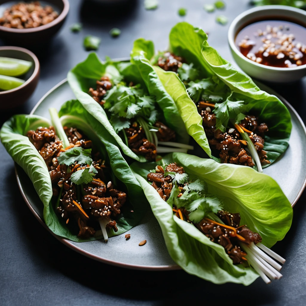 Pork lettuce wraps with vibrant green leaves filled with glossy, dark red sauce-coated pork.