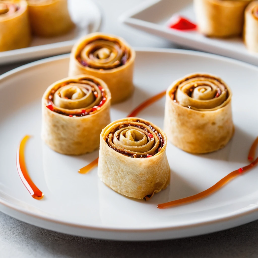 Golden brown pinwheels on a white plate with a glossy sweet chili drizzle.