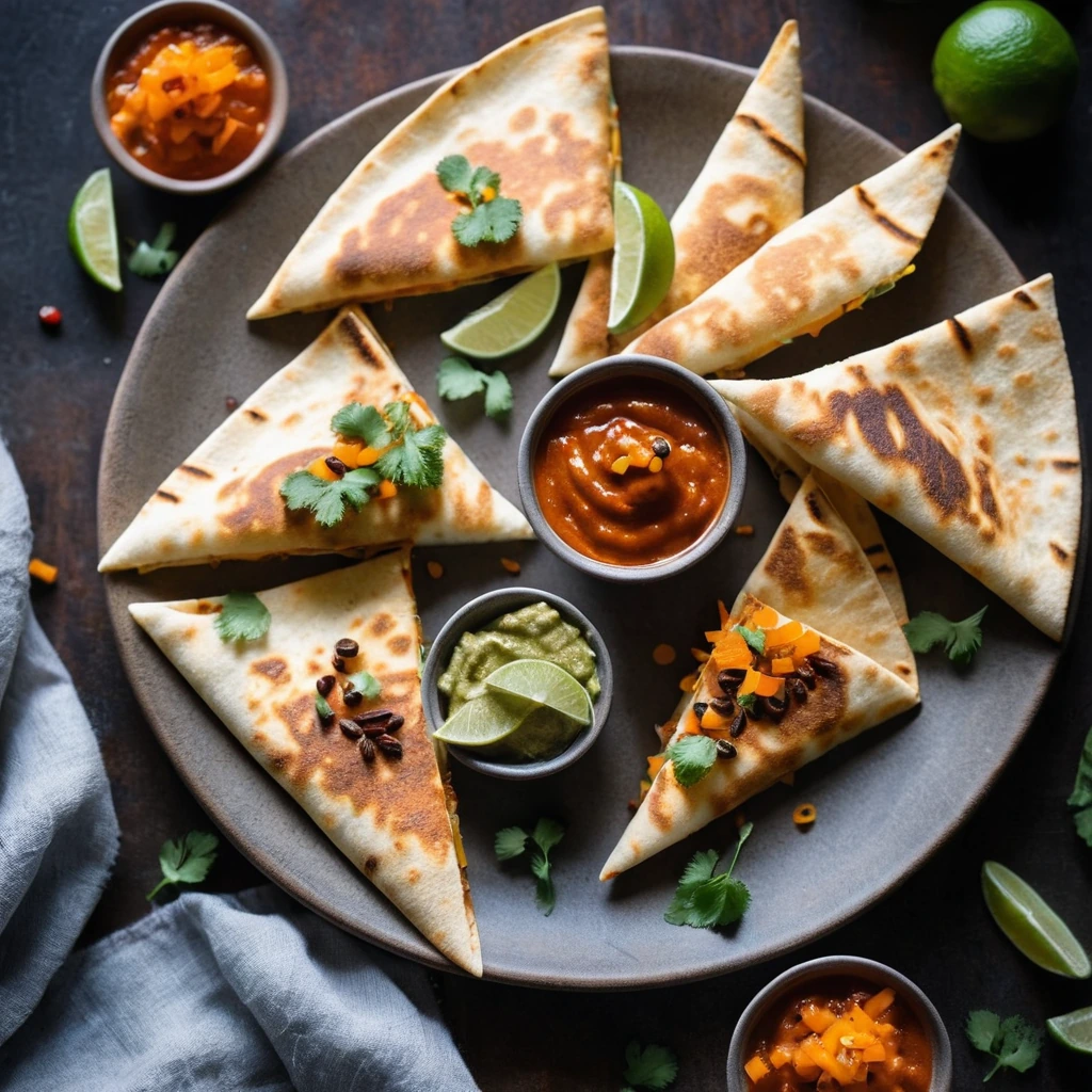 Cheesy quesadilla cut into wedges, golden brown with a drizzle of vibrant orange sweet chili sauce.
