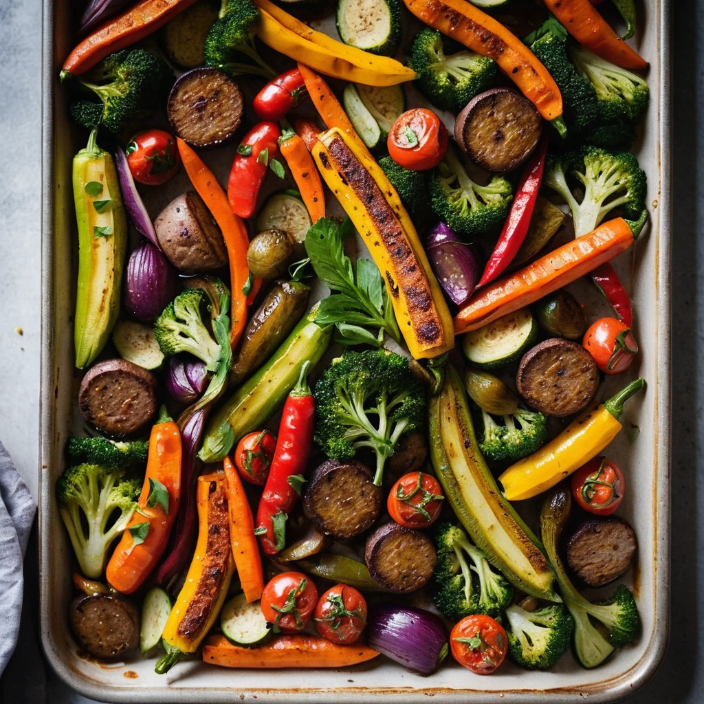 Colorful roasted vegetables and sliced sausage on a sheet pan drizzled with a glossy sweet chili glaze.