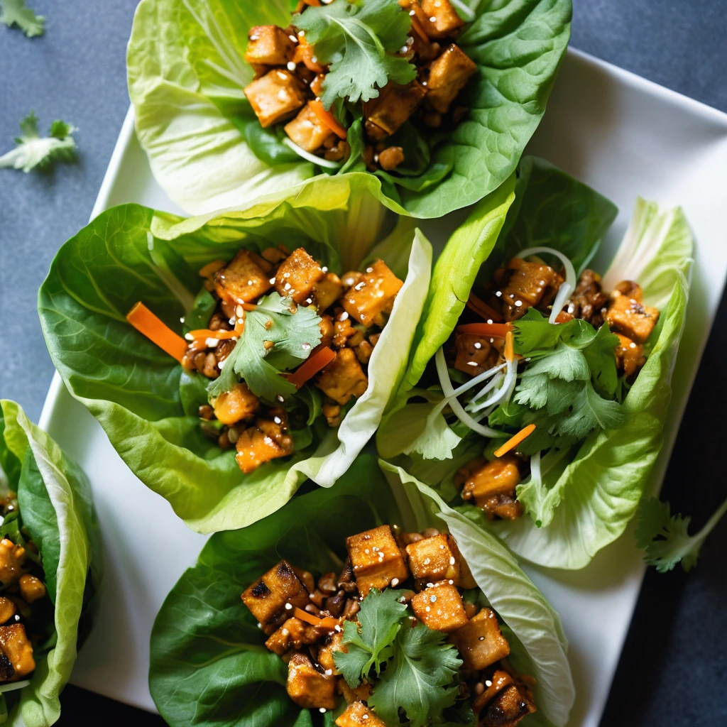 Golden tofu pieces in vibrant green lettuce cups with a glossy orange sauce.