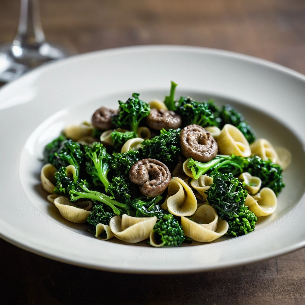 Steaming bowl of orecchiette pasta with browned sausage and vibrant green broccoli rabe.