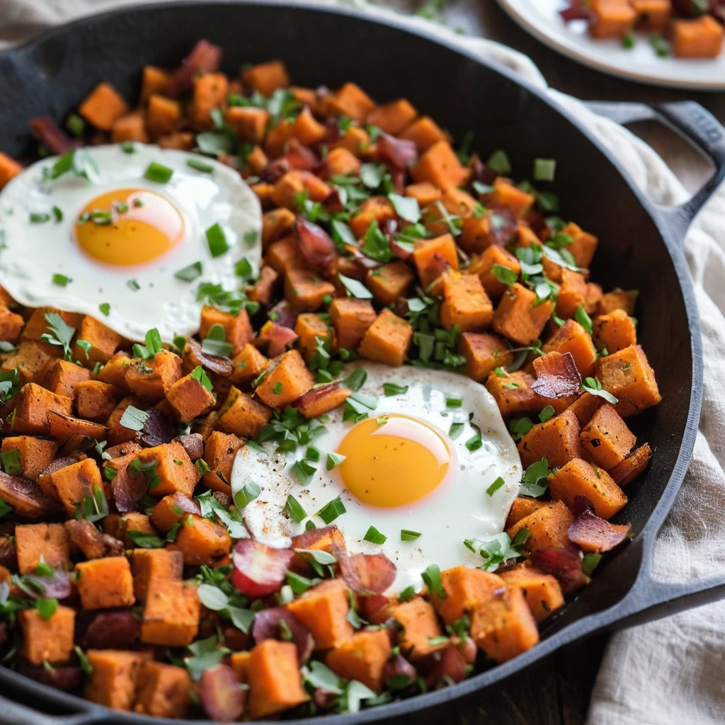 Golden brown hash in a skillet with chunks of orange sweet potato and crispy bacon, garnished with fresh chives.