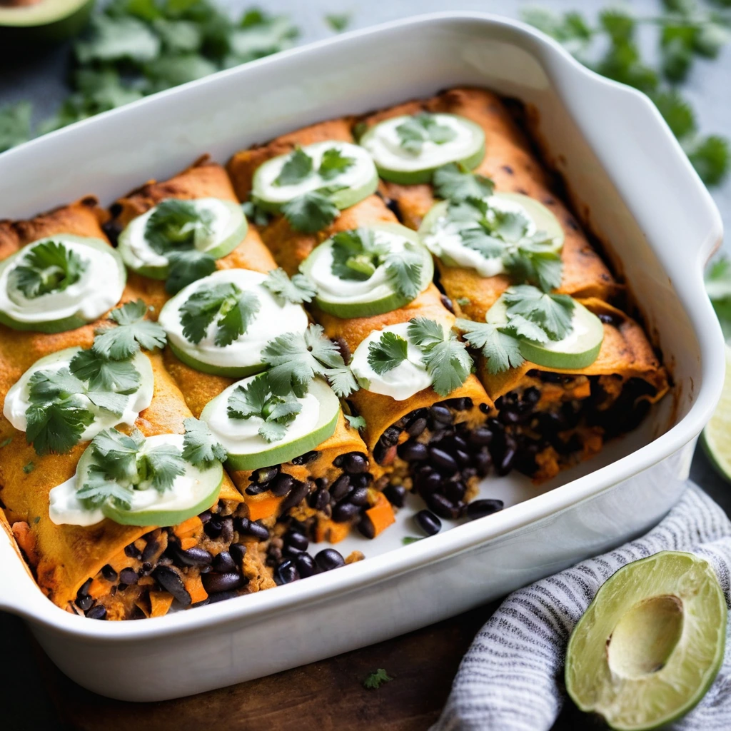 Baked enchilada casserole with layers of sweet potato, black beans, and cheese, topped with melted cheese and green onions.