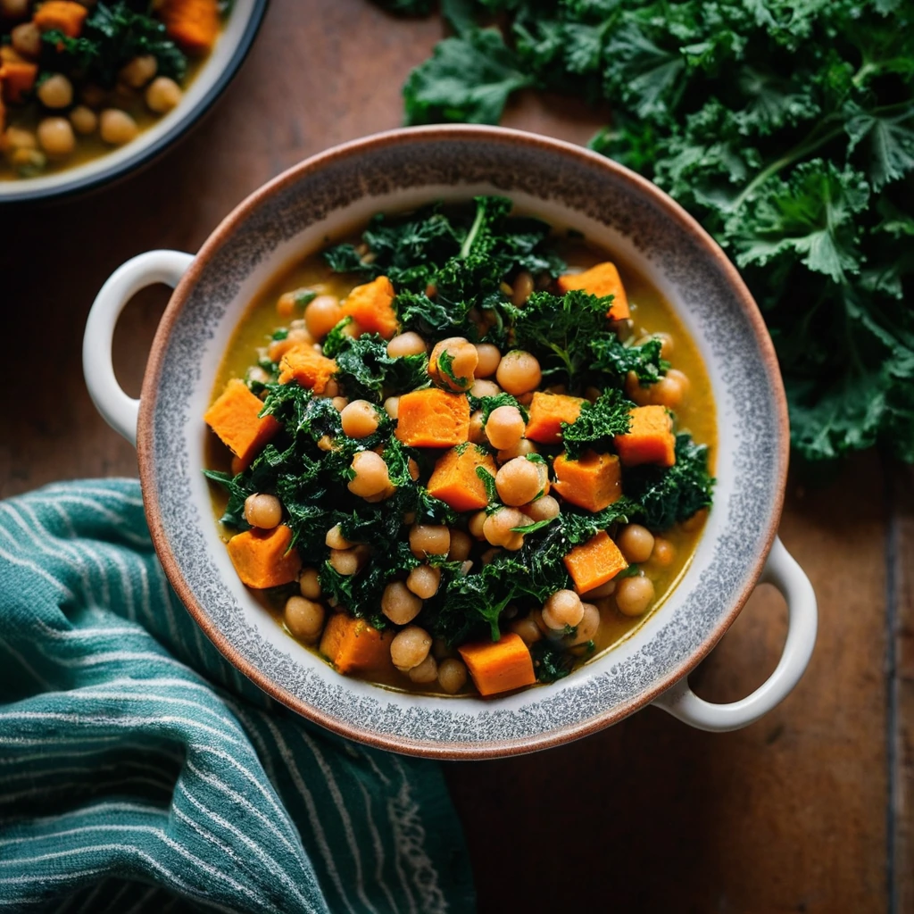 Rustic bowl of orange and green stew with chunks of sweet potato and kale.
