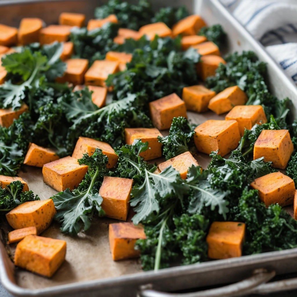 Golden sweet potatoes and green kale roasted on a sheet pan, served in a rustic heap.