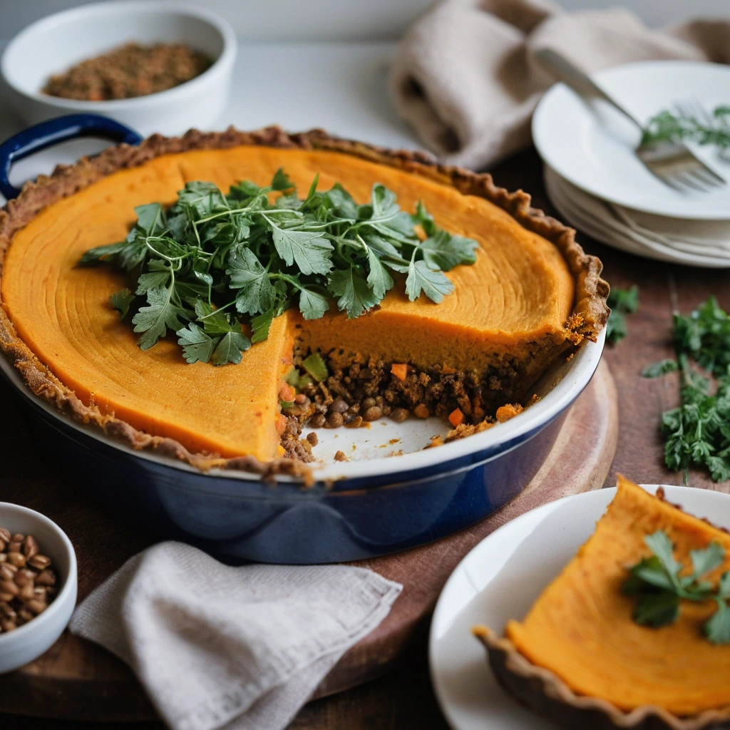 Golden brown sweet potato crusted pie with a vibrant orange layer of lentils and vegetables.