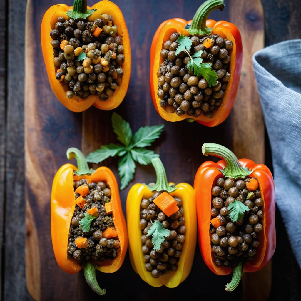 Four colorful bell peppers stuffed with orange sweet potato and green lentils, arranged on a rustic wooden board.
