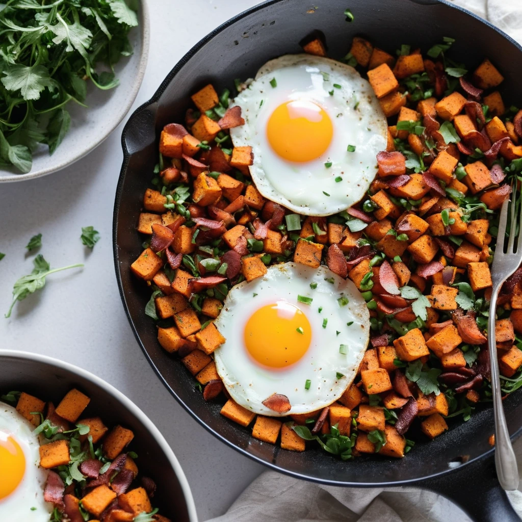 A colorful skillet filled with diced sweet potatoes, crispy bacon, and sunny-side-up eggs.