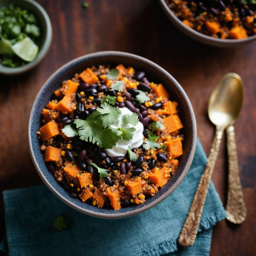 Bowl of vibrant orange and brown chili with a sprinkle of fresh cilantro