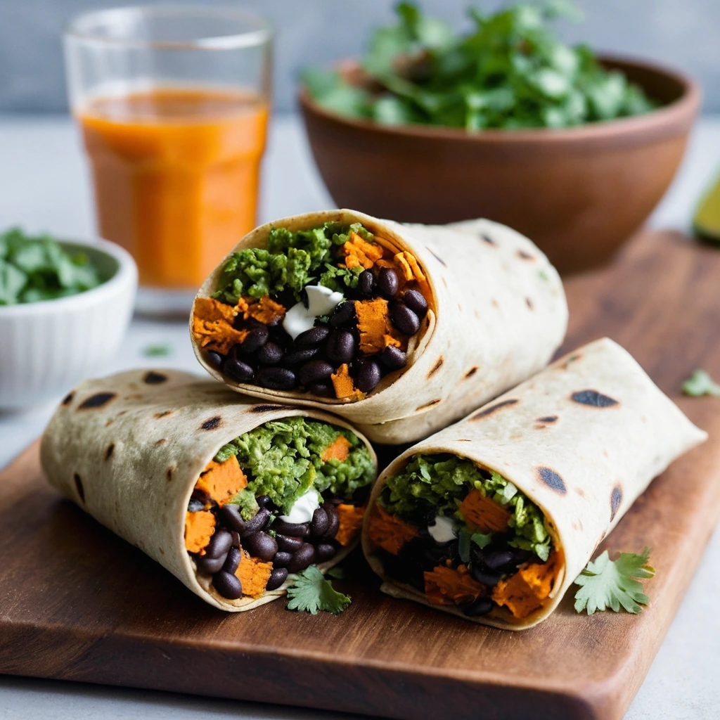Golden brown wraps filled with vibrant orange sweet potato and black beans, topped with fresh cilantro.