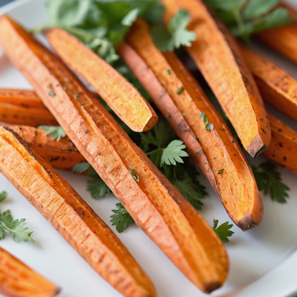 crispy golden sweet potato fries arranged on a white plate with fresh parsley garnish