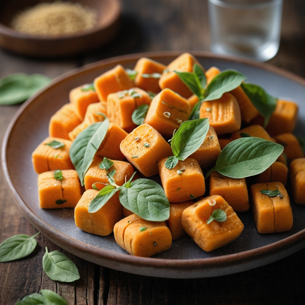 golden orange gnocchi arranged on a rustic wooden board with a sprinkle of fresh herbs.
