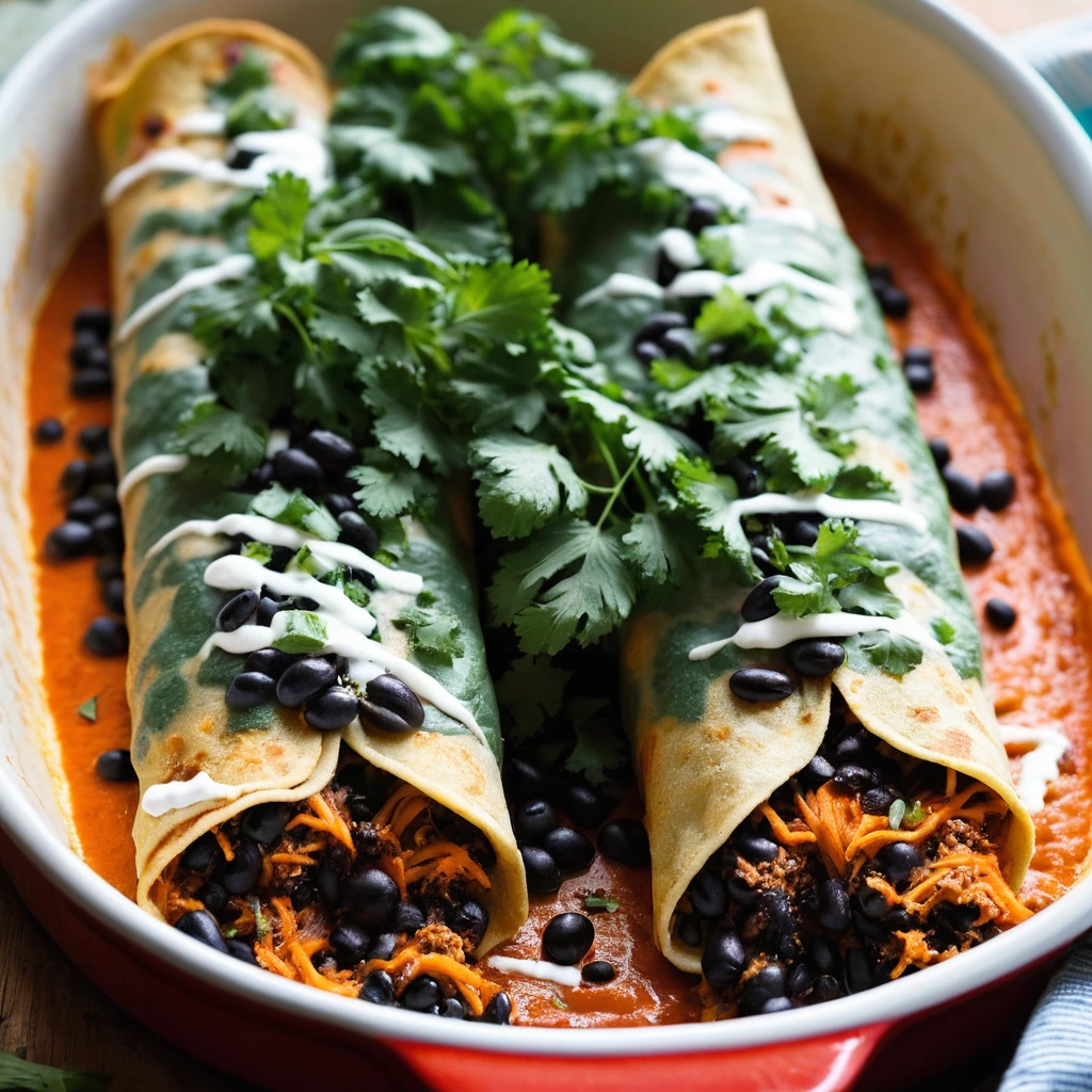 Golden enchiladas in a red sauce, topped with melted cheese, nestled in a colorful plate.