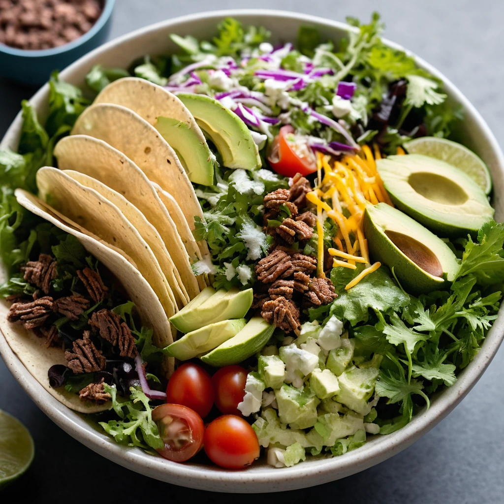 Colorful taco salad in a large bowl with layers of greens, tomatoes, beef, and a drizzle of avocado