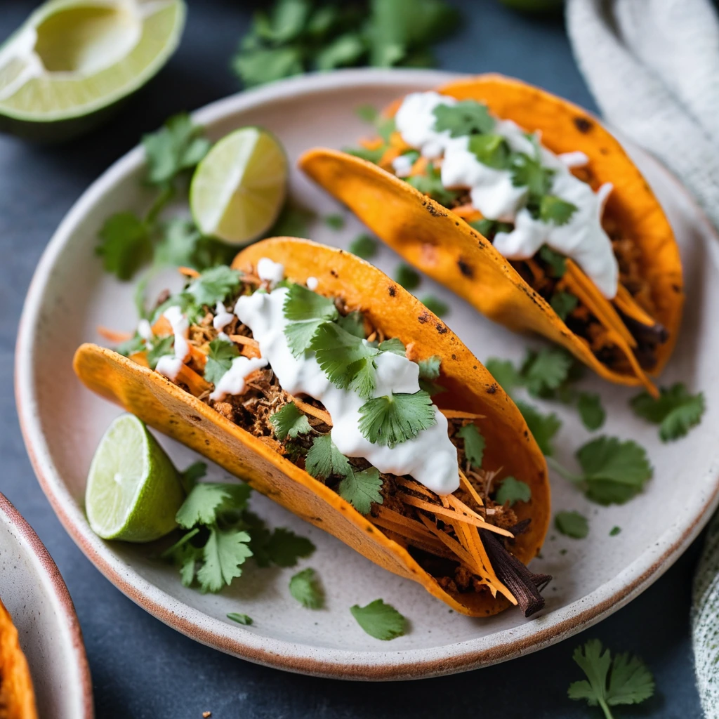 Split orange sweet potatoes filled with shredded chicken, topped with cilantro and lime wedges.