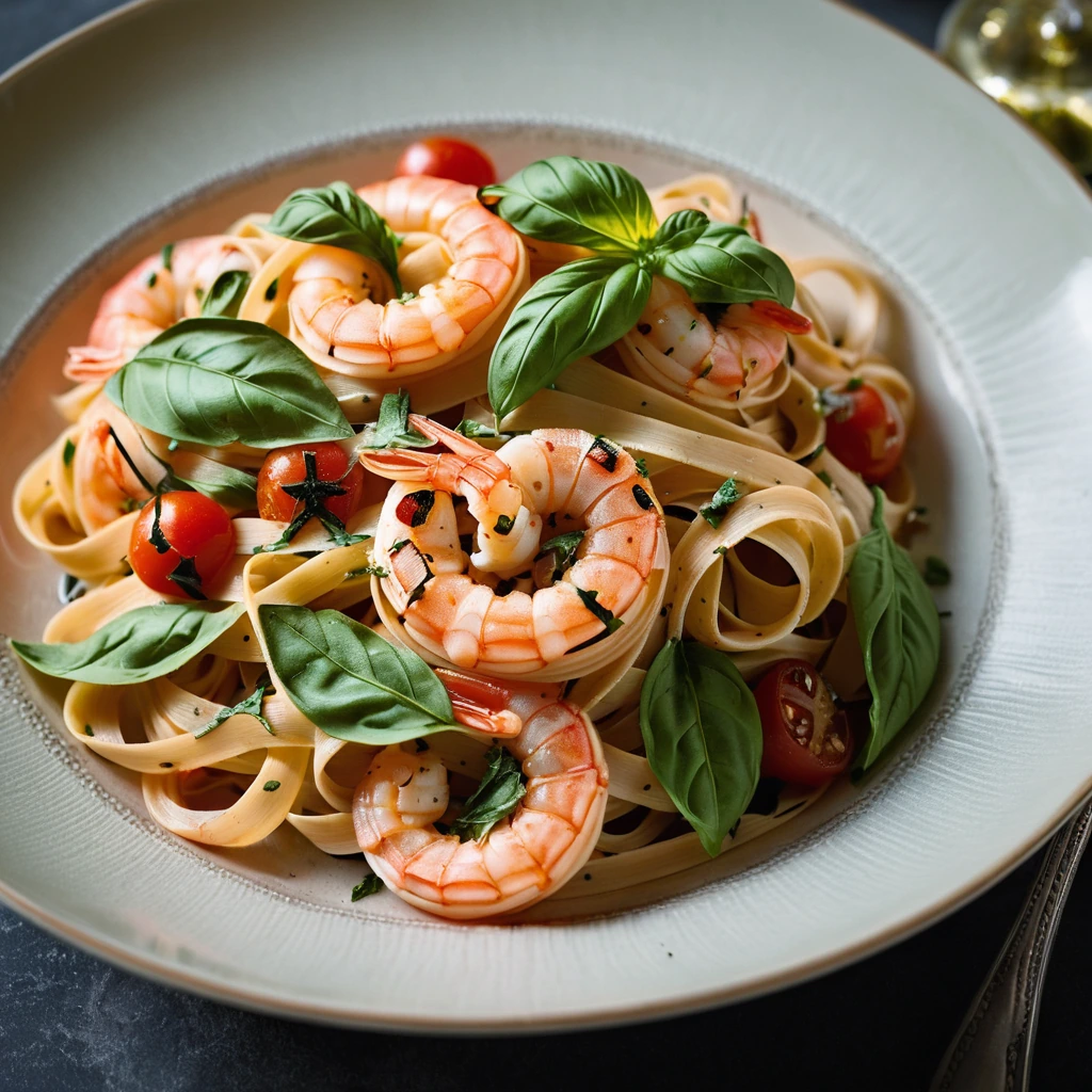 Golden tagliatelle pasta in a rich red sauce with green basil leaves, served with plump shrimp in a shallow bowl.