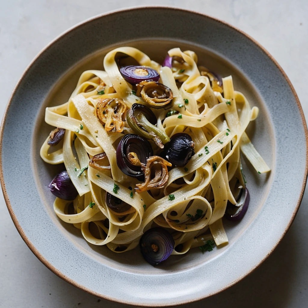 Golden tagliatelle pasta in a bowl topped with melted Gruyère cheese and caramelized onions, surrounded by roasted vegetables.