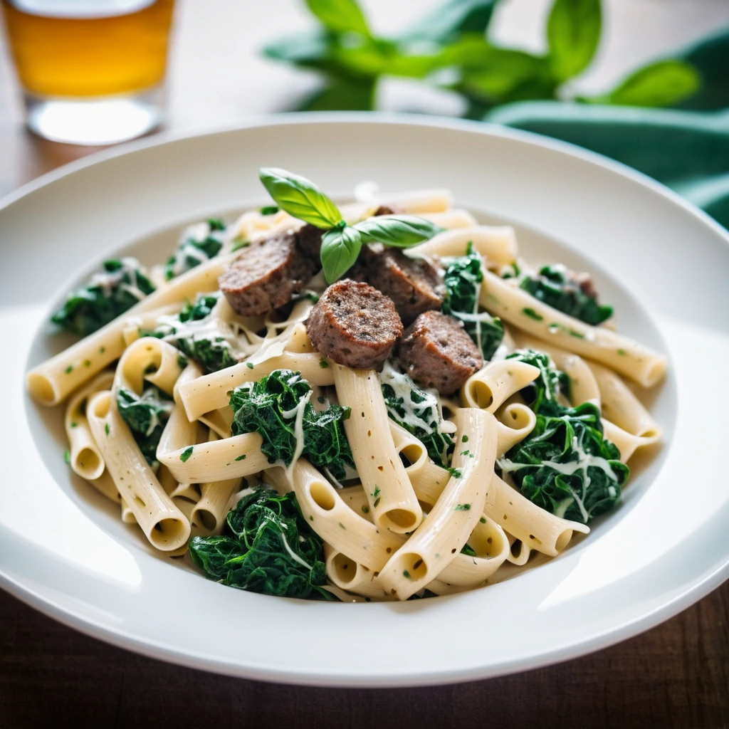 Plate of tagliatelle pasta with creamy white sauce, sautéed spinach, and crumbled Italian sausage on top.