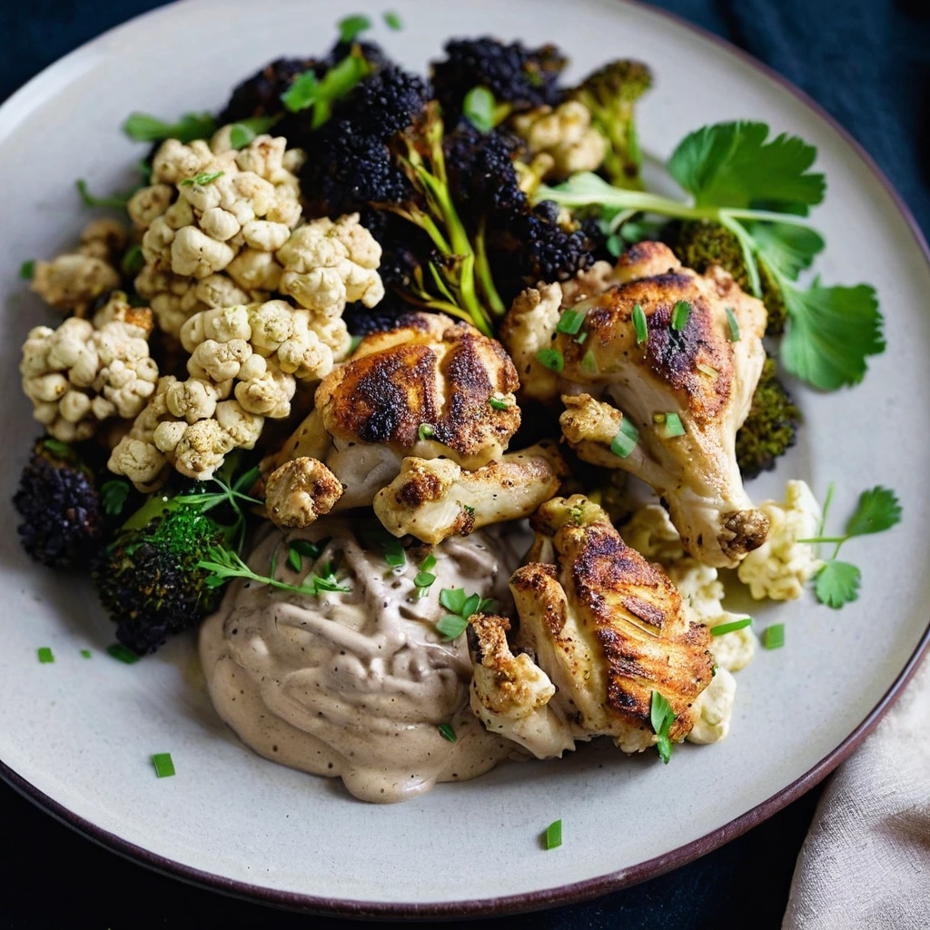 Golden roasted cauliflower and succulent chicken thighs on a platter with a drizzle of creamy tahini sauce