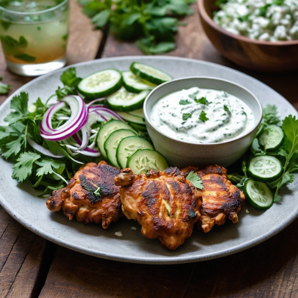 Grilled chicken thighs with a side of green cucumber and herb salad on a rustic wooden board