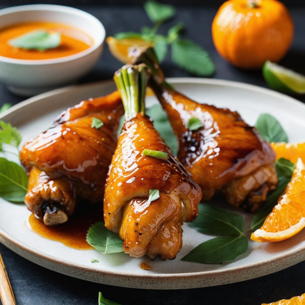 Golden brown chicken drumsticks glazed with a vibrant orange tangerine sauce, sprinkled with fresh green garnish on a rustic platter.