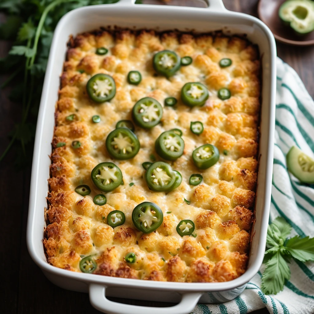 A bubbly golden casserole dish filled with tater tots and melted cheese, topped with green jalapeno slices.