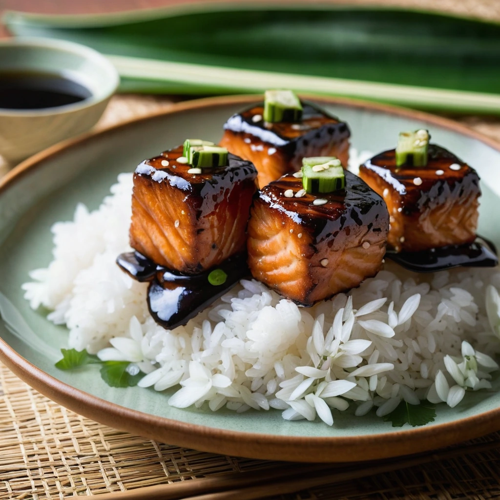Golden-brown salmon bites with a glossy glaze arranged over a mound of glistening sticky rice.
