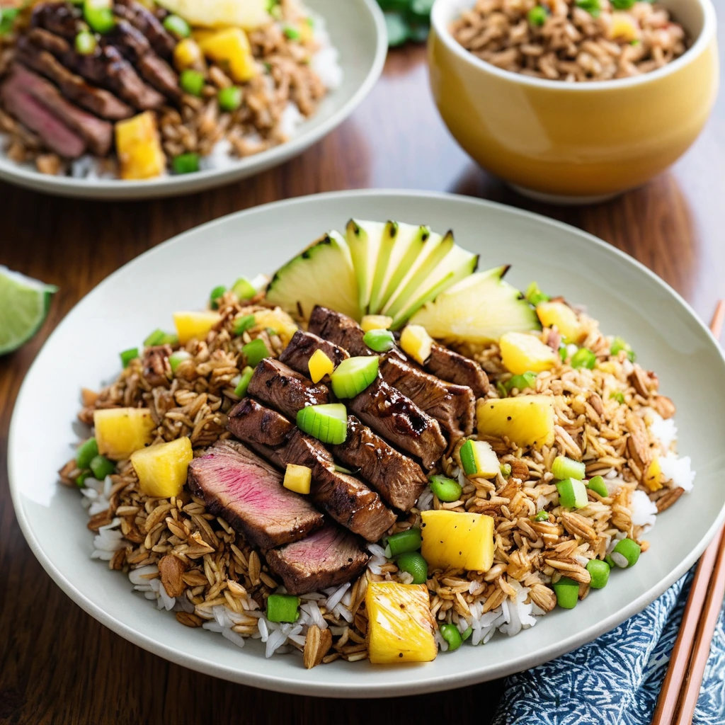 Golden fried rice with juicy pineapple chunks and tender pork, drizzled with teriyaki glaze.