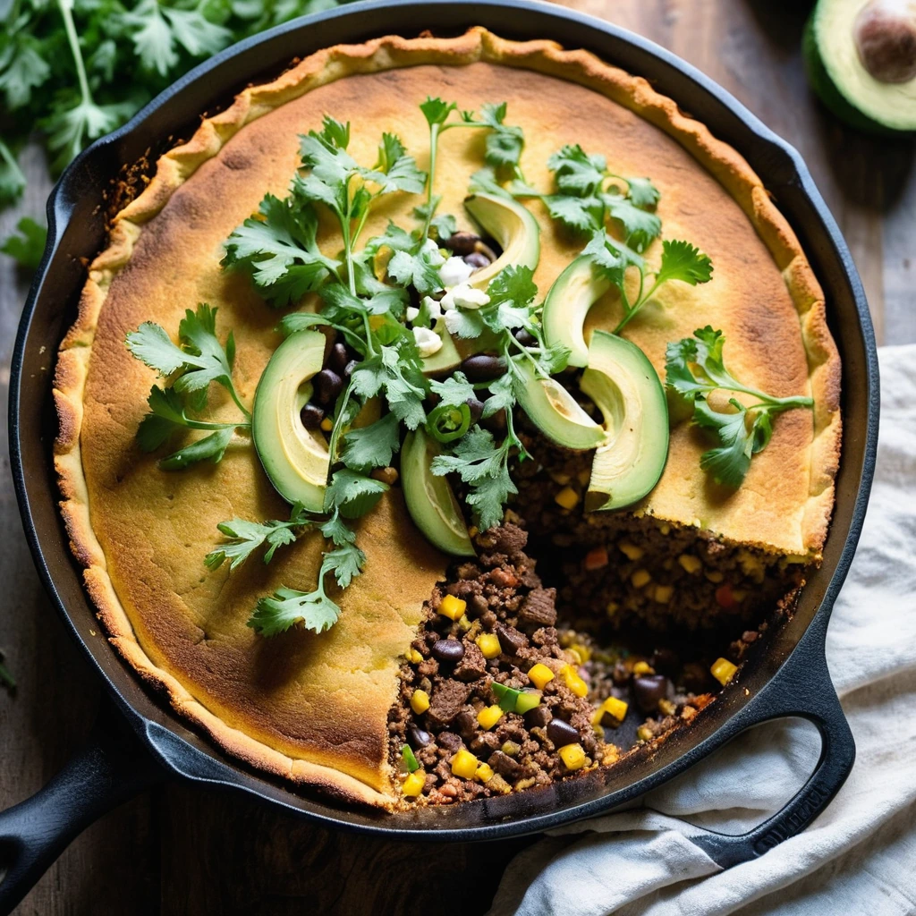 Golden cornbread crusted pie with layers of beef and vegetables in a skillet