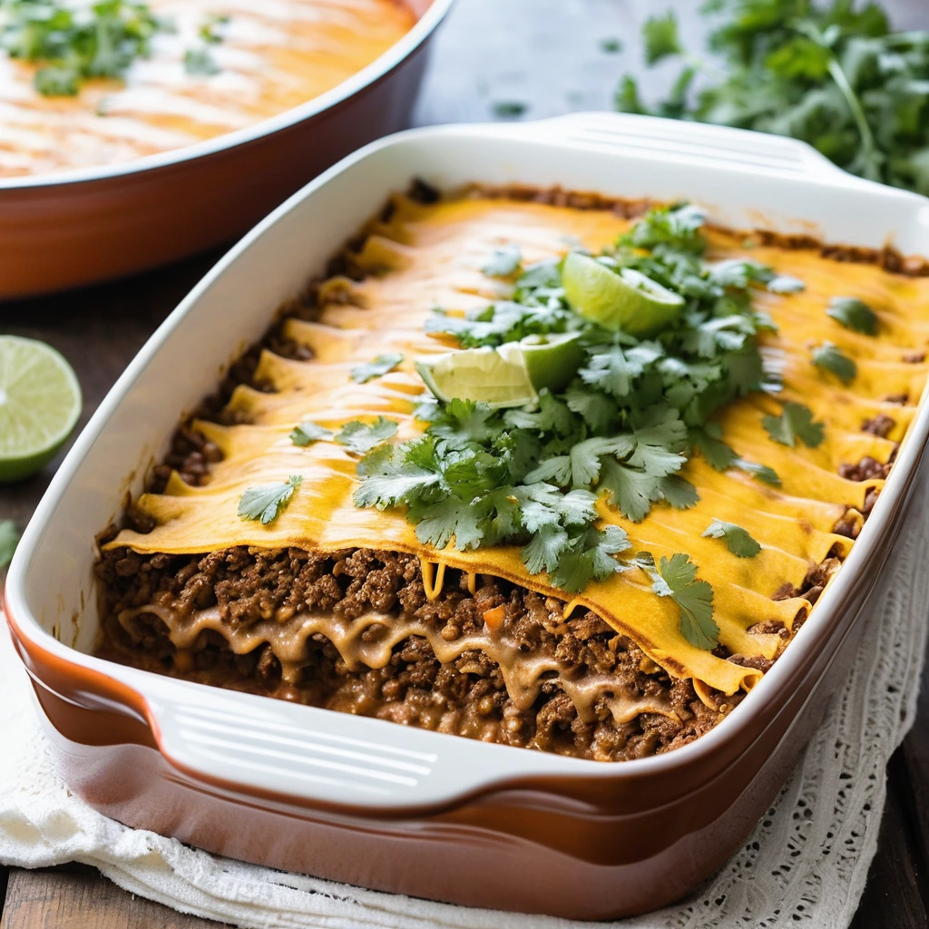 golden casserole dish with layers of rice, beef, and melted cheese, garnished with fresh cilantro.