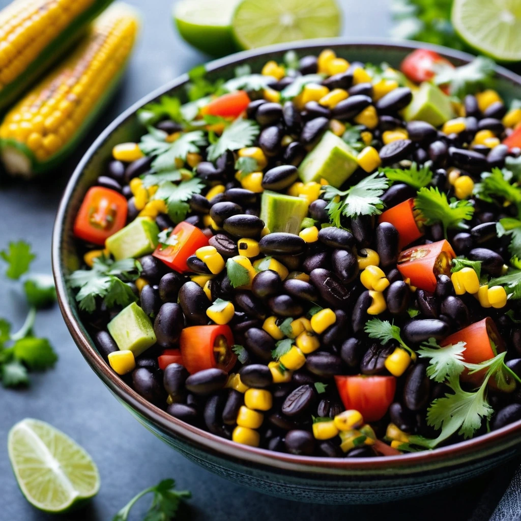 Colorful salad in a bowl with black beans, yellow corn, red bell pepper, and fresh cilantro.