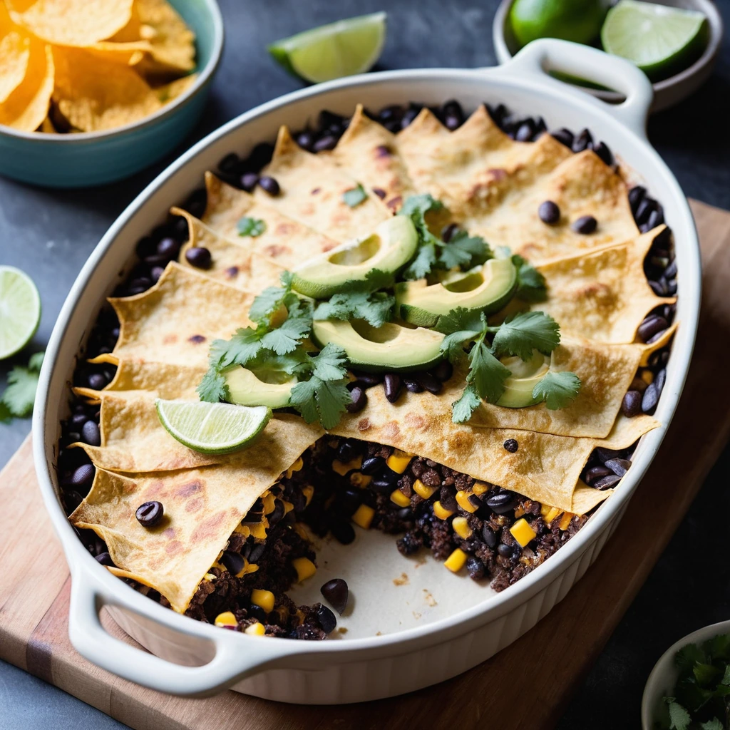 Golden tortilla chips layered with black beans, corn, and melted orange cheese in a baking dish.
