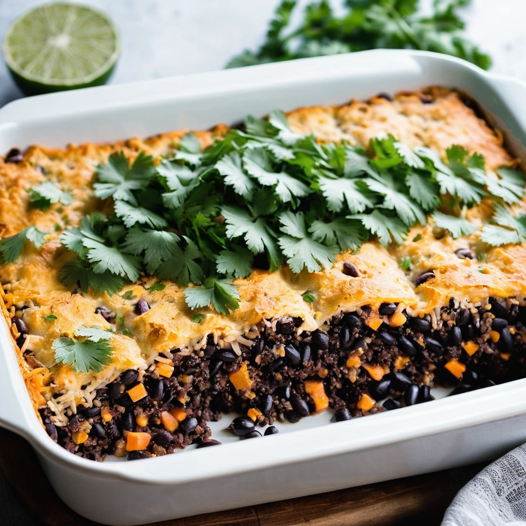 Baked casserole in a rectangular dish with layers of rice, black beans, and melted orange cheese, topped with fresh cilantro.