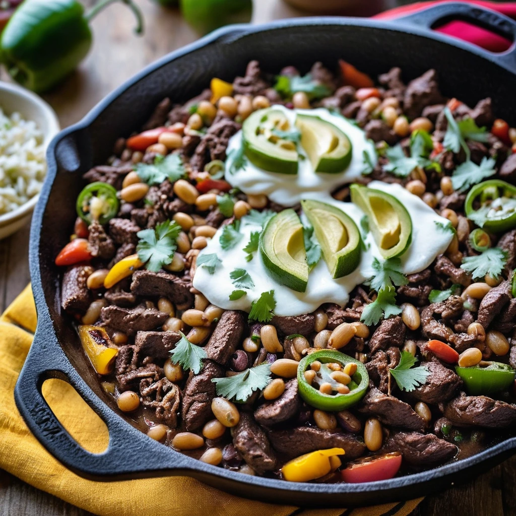 Rustic cast iron skillet with a colorful mix of browned beef, beans, peppers, and onions topped with melted cheese.