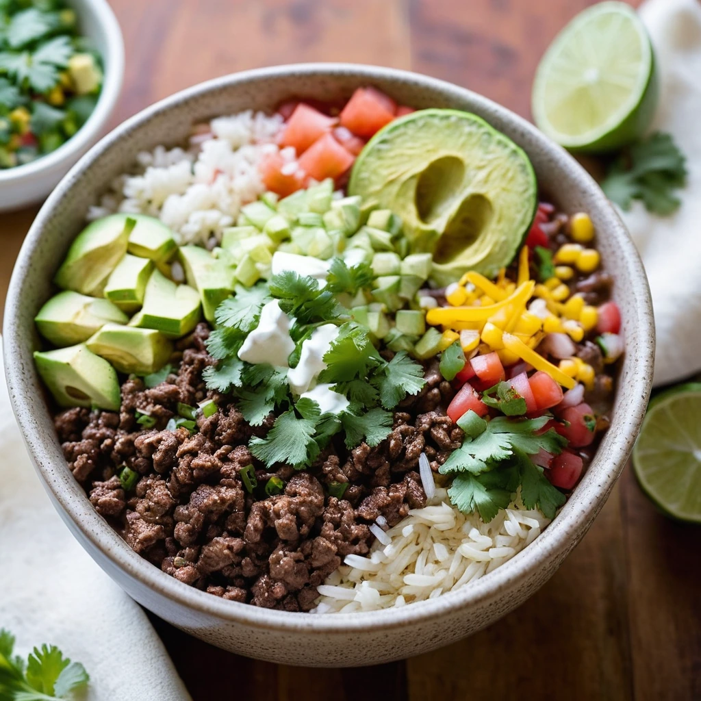 Colorful bowl with rice, beans, beef, and pico de gallo topped with melted cheese and cilantro.
