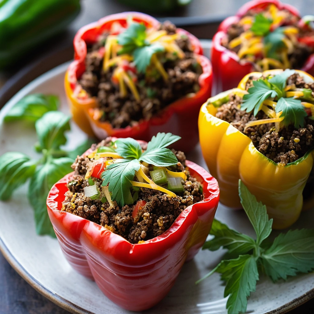 Baked bell peppers with golden herb crust and colorful beef filling served on a rustic plate.