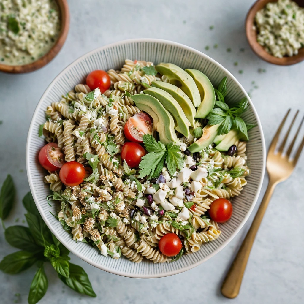 Colorful quinoa pasta salad in a bowl with avocado chunks, cherry tomatoes, and cilantro leaves