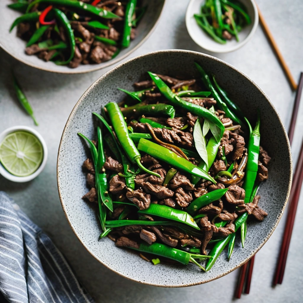 A colorful stir fry in a sizzling wok with green beans, beef strips, and vibrant green Thai basil leaves.
