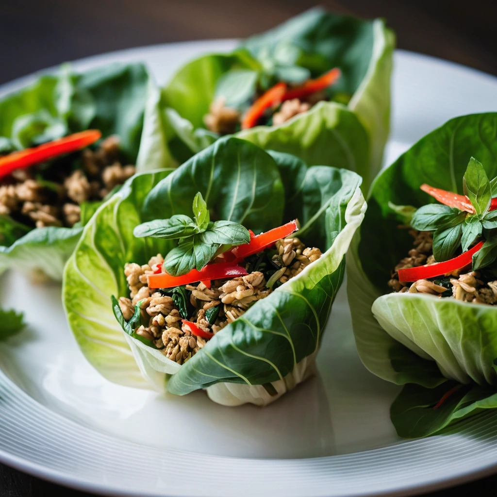 Green lettuce cups filled with a vibrant mix of chicken, red peppers, and Thai basil on a white plate.