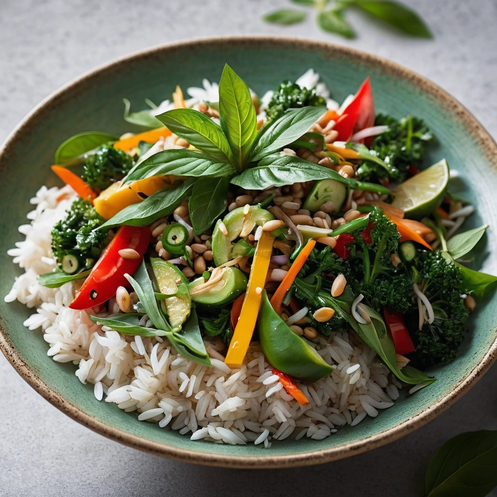 Colorful mix of vegetables in a creamy sauce over rice, garnished with fresh Thai basil leaves.