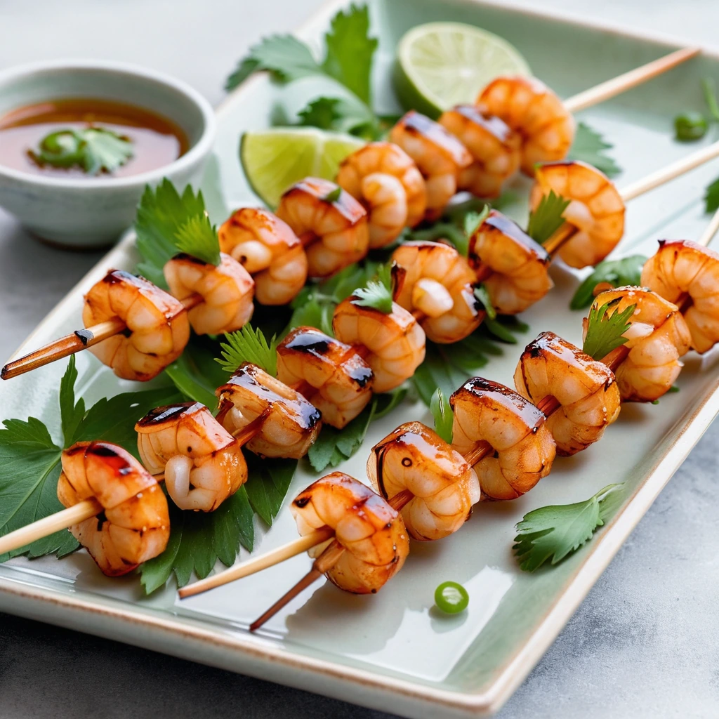 Golden shrimp skewers with a glossy glaze, arranged on a platter with green cilantro garnish.