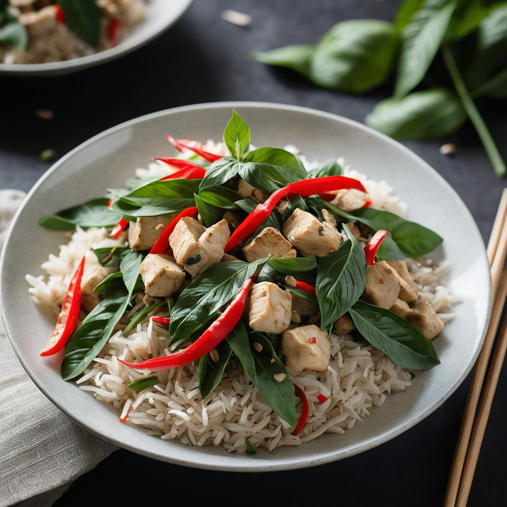 Chicken stir fry with creamy coconut sauce, vibrant green basil leaves, and red bell peppers served on a plate.