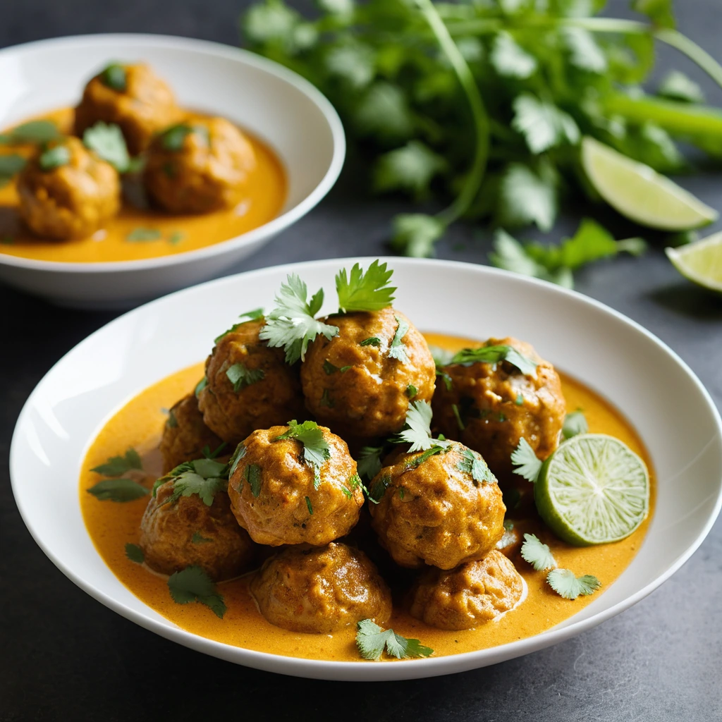 Golden chicken meatballs in a rich yellow-orange curry sauce, garnished with fresh cilantro in a white bowl.