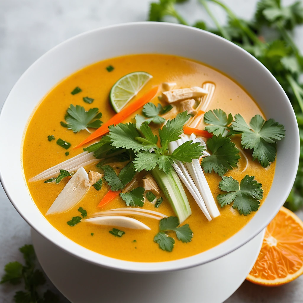 Bowl of vibrant orange soup with chunks of chicken and vegetables, garnished with fresh cilantro.