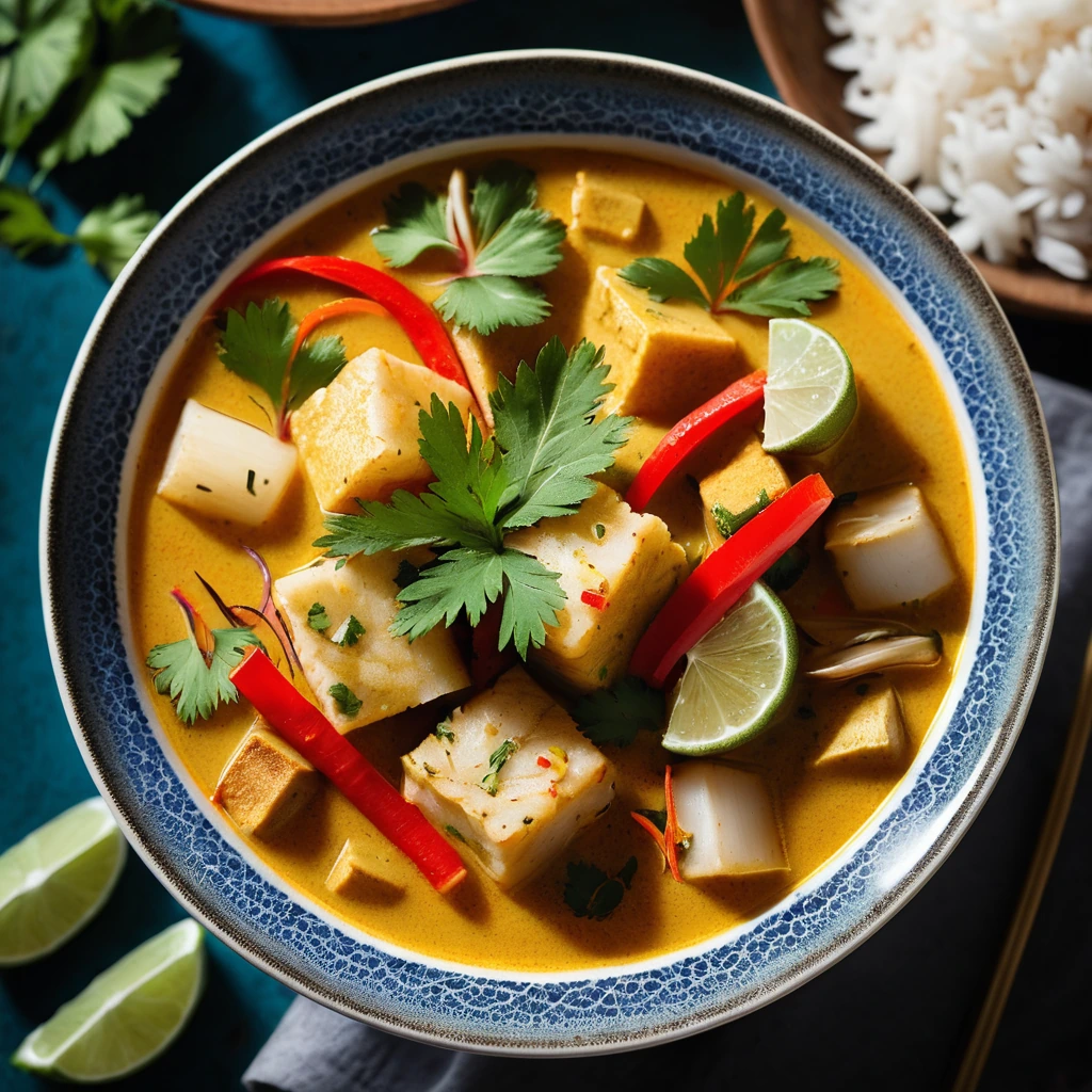 Rich yellow stew in a bowl with chunks of white fish, red bell pepper, and fresh cilantro leaves.